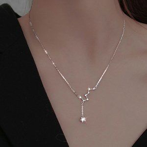 #NEW 925 Sterling Silver Diamond Star Drop Necklace